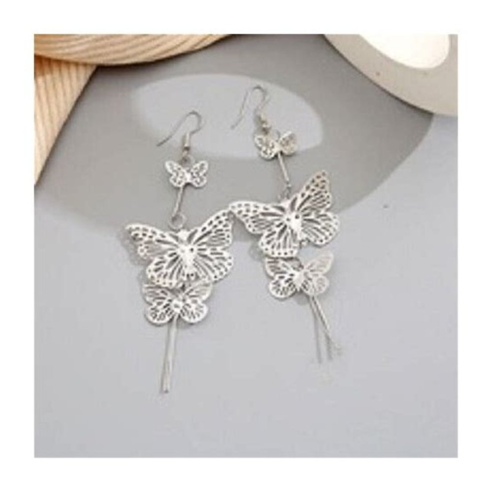 Silver Tone Triple Butterflies Dangle Earrings Set New